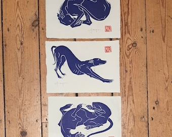 Set of my three 'landscape' hand made longdog linocut prints. Each A4 size. Blue Edition.