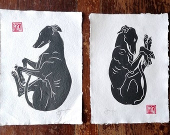 Pair of dreaming longdog handmade linocut prints. (Each A4 size)