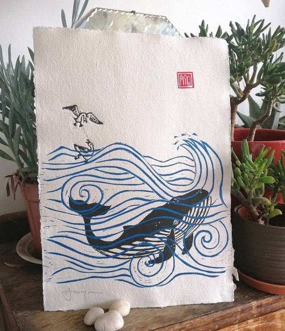 Whale Beneath the Waves, original hand printed linocut A3 (16.5 x 11.5 inches approx)