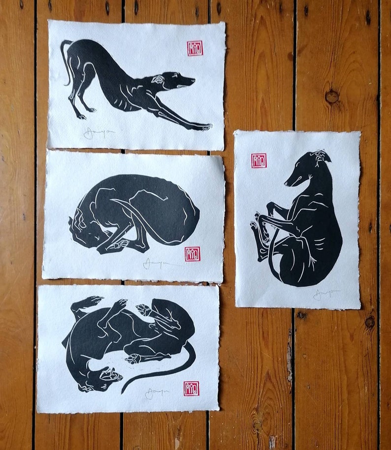 Ooo biiiig stretch hand-printed linocut of longdog stretching. A4 size image 8