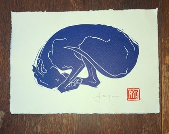 Gorgeous, curled up, sleepy whippet. Hand printed linocut. (A4 size) Blue Edition