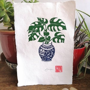 Gorgeous, Monstera deliciosa 'Swiss Cheese Plant' hand-printed linocut. House plant art.