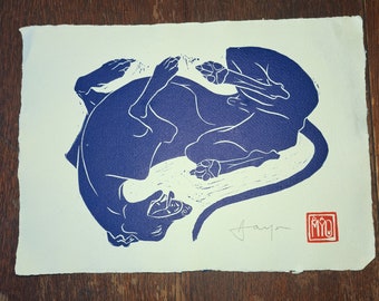 Beautiful, hand-printed, whippet linocut. .(A4 size) Blue Edition