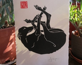 Tangle of Legs - original A4 hand printed linocut.