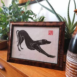 Ooo biiiig stretch hand-printed linocut of longdog stretching. A4 size image 2