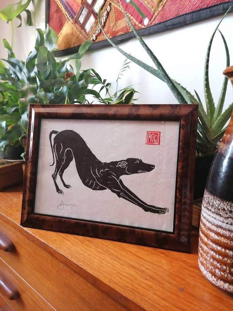 Ooo biiiig stretch hand-printed linocut of longdog stretching. A4 size image 2