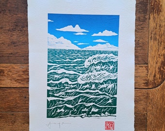 Sea and Sky 1. A3 (16.5"x11.5") Handmade linocut print. Study of sky and Atlantic surf. Great gift for surfers, swimmers, beach babes.