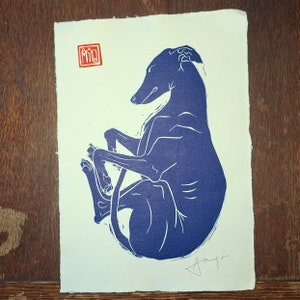 Dreaming long dog, hand-printed linocut. (A4 size) Blue Edition