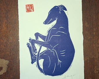 Dreaming long dog, hand-printed linocut. (A4 size) Blue Edition