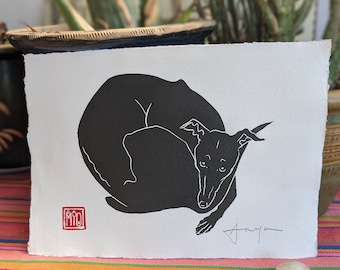 Curl - gorgeous, whippet, greyhound, lurcher picture. Hand printed linocut. (A4 size)