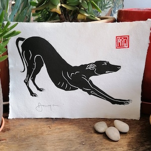 Ooo biiiig stretch hand-printed linocut of longdog stretching. A4 size image 1