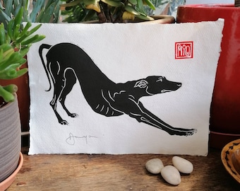 Ooo biiiig stretch!  hand-printed linocut of longdog stretching. (A4 size)