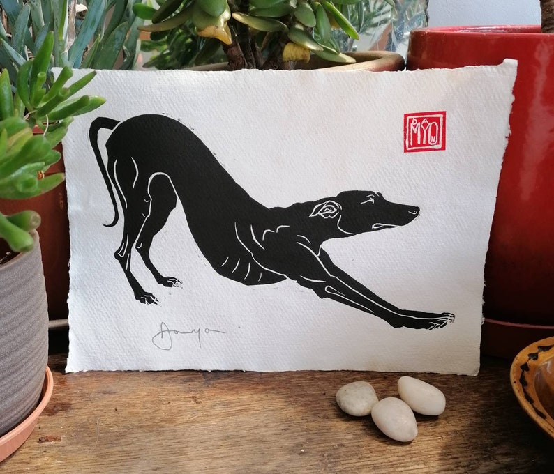 Ooo biiiig stretch hand-printed linocut of longdog stretching. A4 size image 1