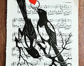 Special edition Joy  - Two Magpies. Linocut on vintage sheet music A4 (8.3 x 11.7 inches) for loved one, wedding, engagement, housewarming.
