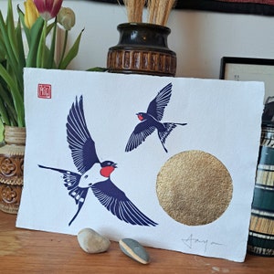 Golden Sun Summer Swallows - hand made linocut print. A3 (11.5" x 16.5")