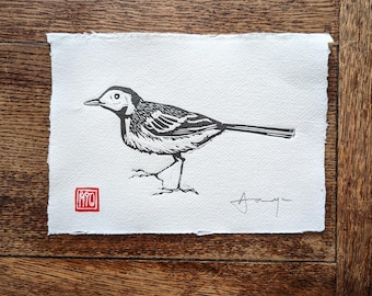 Wagtail. Cute handmade linocut print of one of my favourite birds. 6" x 8.3" (A5)