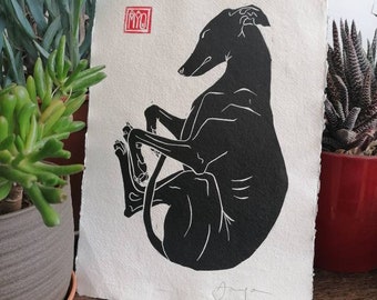 Dreaming long dog, hand-printed linocut. (A4 size)