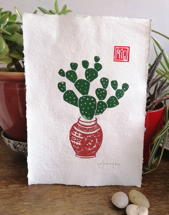 Wundervoller, Feigenkaktus, Kaktus handgedruckter Linolschnitt.  Zimmerpflanze Kunst. - Etsy.de