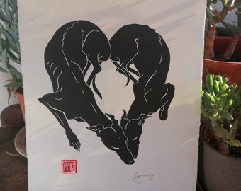 Hounds of Love. A3 (16.5" x 11.5") Handmade linocut print. Perfect gift for greyhound, whippet and lurcher lovers.