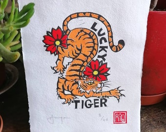 Limited edition, hand coloured Lucky Tiger linocut print.