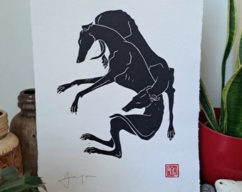 Snuggles. A3 (16.5"x11.5") Handmade linocut print. Pair of cuddling longdogs.Ideal gift for greyhound, whippet or lurcher lovers.