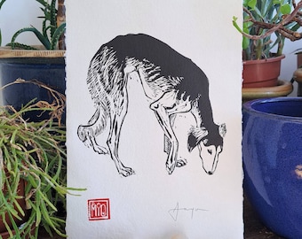 Searching Saluki. Hand printed linocut print on A4 (8.5" × 12") hand-made paper.