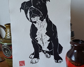 Adoration. A3 (16.5"x11.5") Handmade linocut print. Ideal gift for Staffordshire Bull Terrier (Staffy/Staffie) lovers.