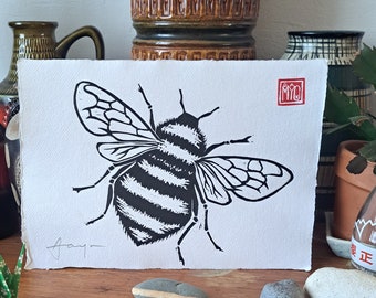 Just Be- hand printed original linocut A4 (8.3 x 11.7 inches) great gift for beekeepers and lovers of bees.