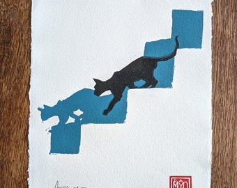 Schattenkatze. Original Linoldruck auf A4 Büttenpapier