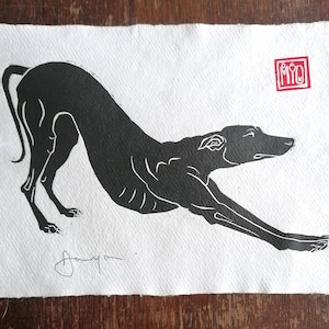 Ooo biiiig stretch hand-printed linocut of longdog stretching. A4 size image 3