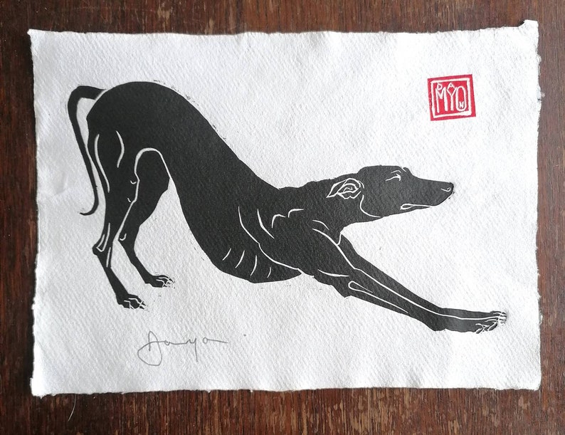 Ooo biiiig stretch hand-printed linocut of longdog stretching. A4 size image 3