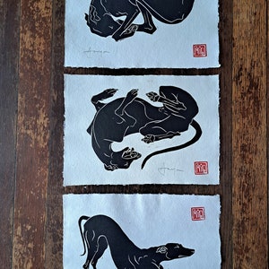 Set of my three 'landscape' hand made longdog linocut prints. Each A4 size.