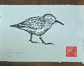 Little Dunlin. Handmade linocut print of shoreline bird. 4.25" x 6" (A6)