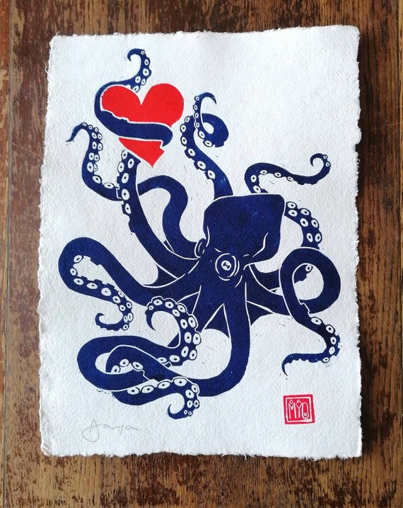 The Lure of the Sea - hand-printed blue octopus linocut.