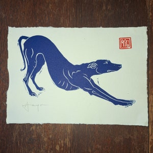Ooo biiiig stretch!  Blue Edition hand-printed linocut of longdog stretching. (A4 size)