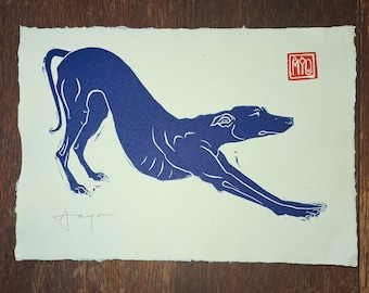 Ooo biiiig stretch!  Blue Edition hand-printed linocut of longdog stretching. (A4 size)