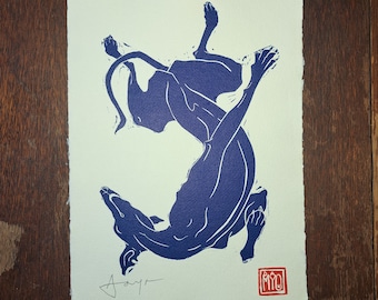 The Point - original A4 hand printed linocut. Great gift for lurcher, whippet, greyhound lover. Blue Edition