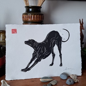 A Big, Big Stretch. A3 (16.5" x 11.5") Handmade linocut print. Perfect gift for greyhound, whippet and lurcher lovers.