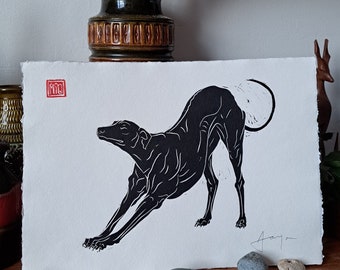 A Big, Big Stretch. A3 (16.5" x 11.5") Handmade linocut print. Perfect gift for greyhound, whippet and lurcher lovers.