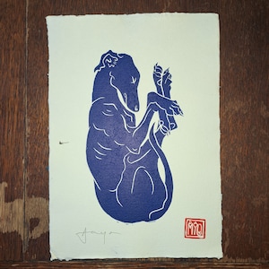 Long dog 'shrimping'. Hand printed linocut. (A4 size) Blue Edition