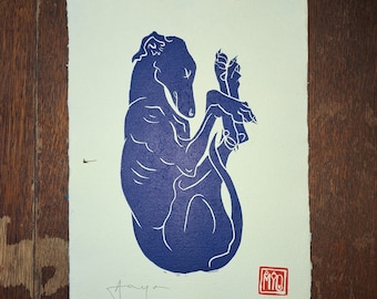 Long dog 'shrimping'. Hand printed linocut. (A4 size) Blue Edition