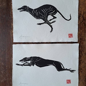 Zoomies 1 and 2. 2 A3 (16.5" x 11.5") Handmade linocut prints of a joyful, running hound. Grat gift for greyhound, whippet, lurcher lovers.