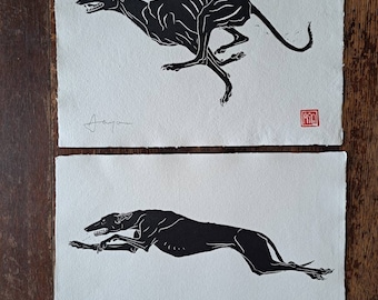 Zoomies 1 and 2. 2 A3 (16.5" x 11.5") Handmade linocut prints of a joyful, running hound. Grat gift for greyhound, whippet, lurcher lovers.