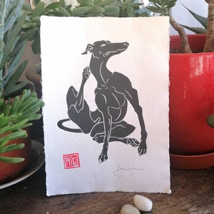 A really good scritch- hand-printed linocut of longdog scratching.(A4 size)