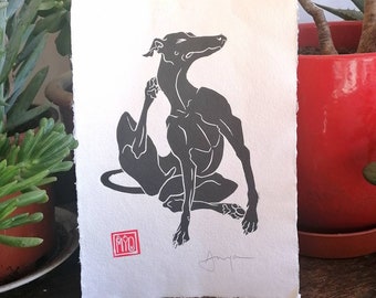 A really good scritch- hand-printed linocut of longdog scratching.(A4 size)