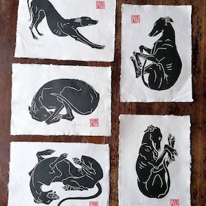 Set of 5 handmade longdog linocut prints. (Each A4) Send a message for a different selection. You can now choose  'The Point' too!