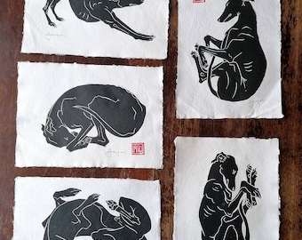 Set of 5 handmade longdog linocut prints. (Each A4) Send a message for a different selection. You can now choose  'The Point' too!