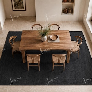 Natural jute braided rug 4x6 ft for dining table area: Black solid abstract carpet, Handmade durable jute pure vegan rug, Custom size rug