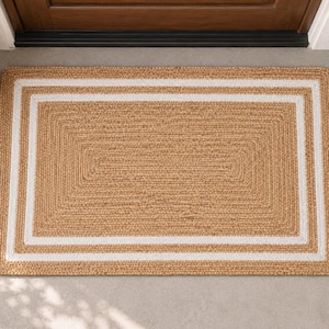 Handmade jute doormats rug: Natural jute area rug, Bohemian entryway jute rug, Durable juta carpet, Custom size rug, Double white border rug