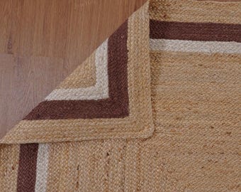 Alfombra de yute trenzada hecha a mano de 122 x 183 cm, alfombra de yute natural con borde blanco y marrón, alfombra de yute bohemia para recibidor, alfombras de yute para decoración del hogar.